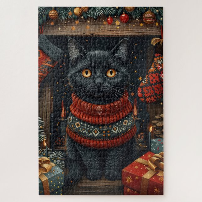 Black Cat with Christmas Gifts Fireplace Jigsaw Puzzle (Vertical)