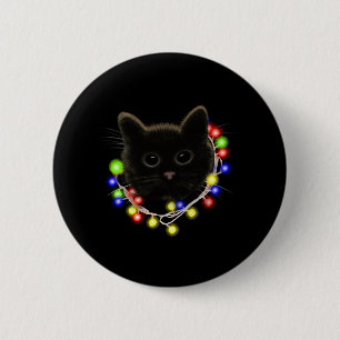 Black cat with Christmas lights 6 Cm Round Badge