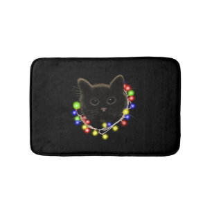 Black cat with Christmas lights Bath Mat