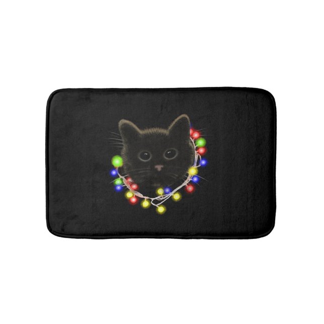 Black cat with Christmas lights Bath Mat (Front)