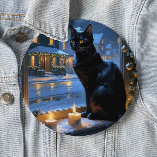 Black Cat With Christmas Lights Holiday 6 Cm Round Badge (In Situ)