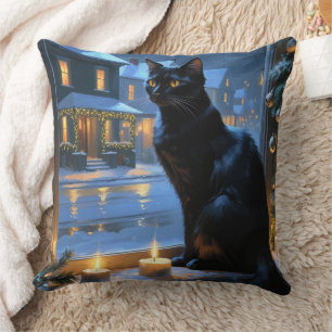 Black Cat With Christmas Lights Holiday Cushion