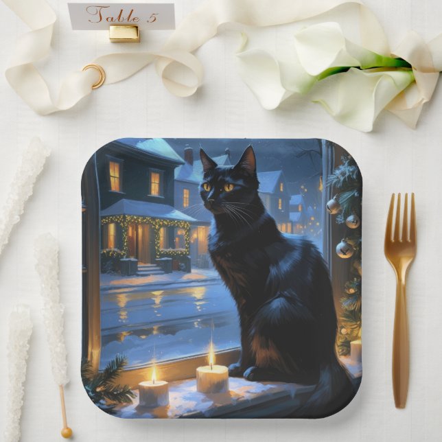 Black Cat With Christmas Lights Holiday Paper Plate (Wedding)