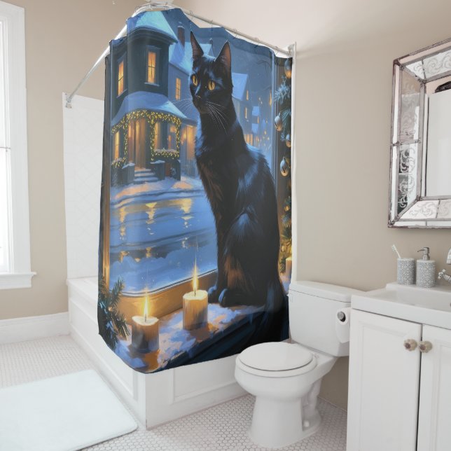 Black Cat With Christmas Lights Holiday Shower Curtain (In Situ)