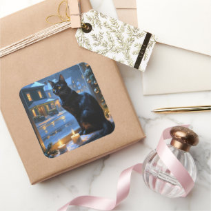Black Cat With Christmas Lights Holiday Square Sticker