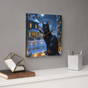 Black Cat With Christmas Lights Holiday Square Wall Clock