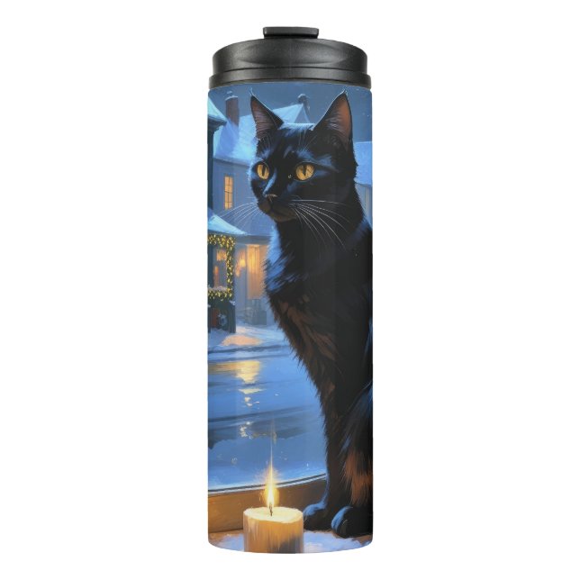 Black Cat With Christmas Lights Holiday Thermal Tumbler (Front)