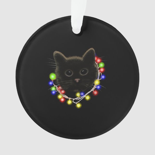 Black cat with Christmas lights Ornament (Front)