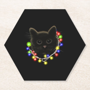 Black cat with Christmas lights Paper Coaster