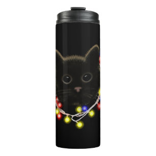 Black cat with Christmas lights Thermal Tumbler