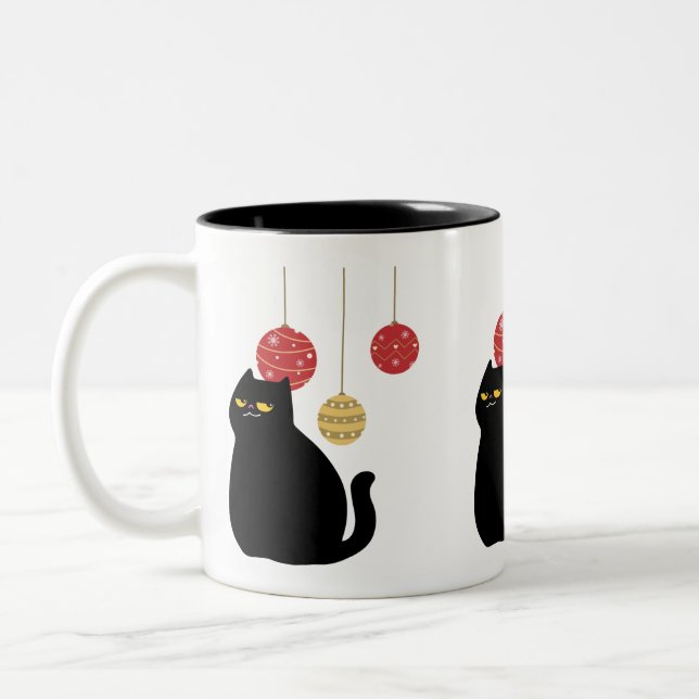 Black Cat with Christmas Ornaments Mug (Left)