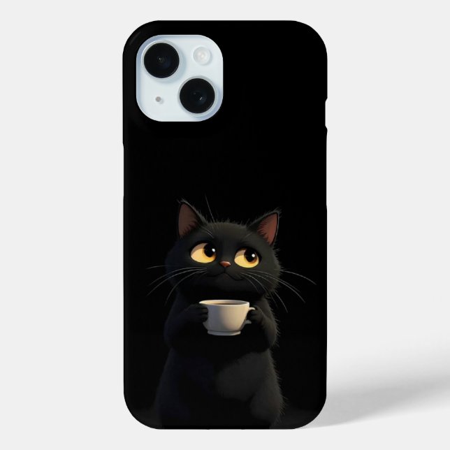 Black Cat with Coffee Mug Funny iPhone Case  (Back)