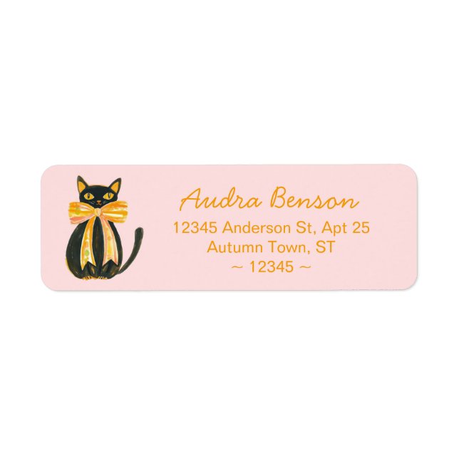 Black cat with coquette bow return address labels (Front)