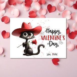 Black Cat With Cowboy Hat Happy Valentines Day  Holiday Card