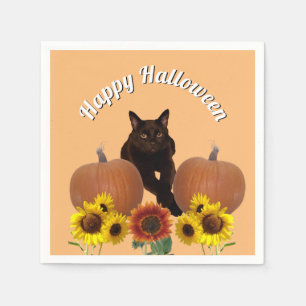 Black Cat with Crossed Paws Pumpkins Halloween Napkin