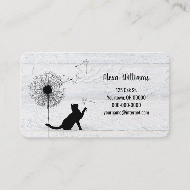 Black cat with dandelion on wood business card (Front)