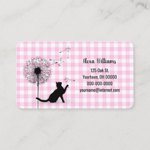 Black Cat With Dandelions On Gingham Business Card