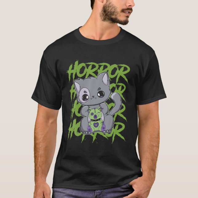 Black Cat With Eddy Bear For Horror Fans T-Shirt (Front)