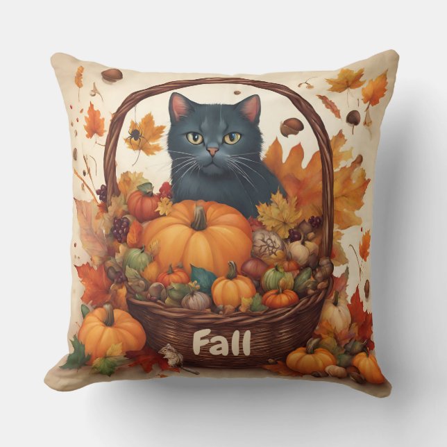 Black Cat with Fall Harvest Basket Brown  Cushion (Front)