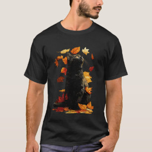 Black Cat with Fall Leaves Feline Animal Autumn Ae T-Shirt