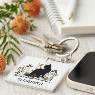 Black Cat with Floral Book Key Ring