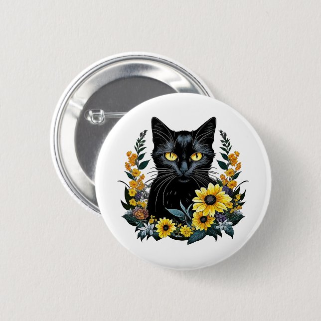 black cat with flowers 6 cm round badge (Front & Back)
