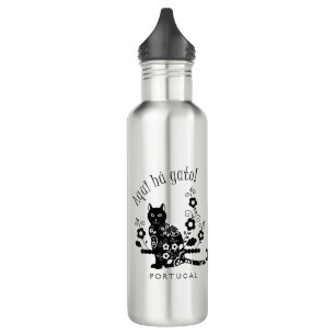 Black cat with flowers and Portuguese expression 710 Ml Water Bottle