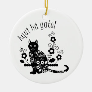 Black cat with flowers and Portuguese expression Ceramic Ornament