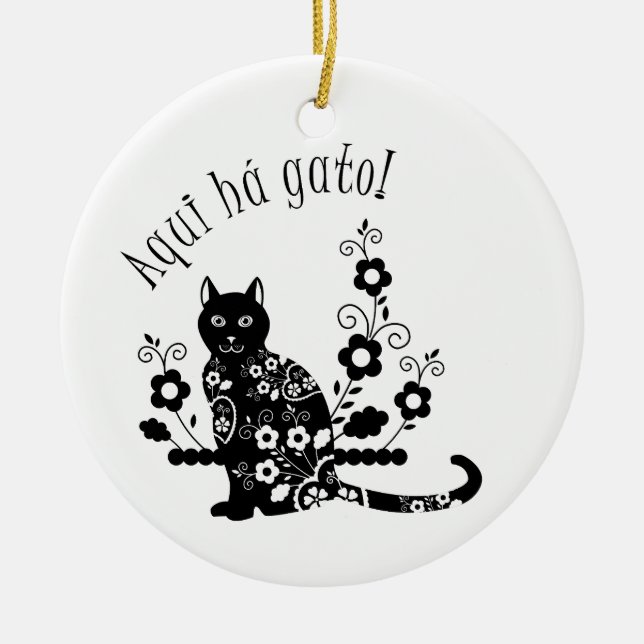 Black cat with flowers and Portuguese expression Ceramic Ornament (Front)