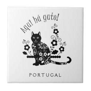 Black cat with flowers and Portuguese expression Ceramic Tile