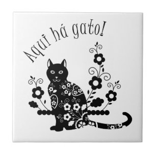 Black cat with flowers and Portuguese expression Ceramic Tile