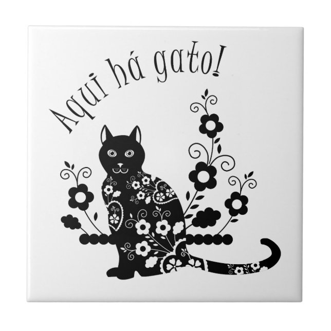 Black cat with flowers and Portuguese expression Ceramic Tile (Front)