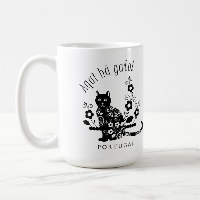 Black cat with flowers and Portuguese expression Coffee Mug (Left)