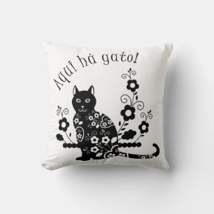 Black cat with flowers and Portuguese expression Cushion