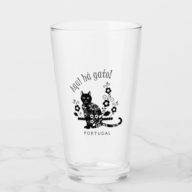 Black cat with flowers and Portuguese expression Glass (Front)