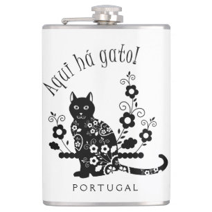 Black cat with flowers and Portuguese expression Hip Flask
