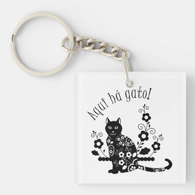 Black cat with flowers and Portuguese expression Key Ring (Front)