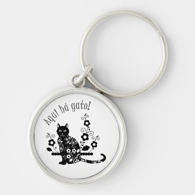 Black cat with flowers and Portuguese expression Key Ring (Front)