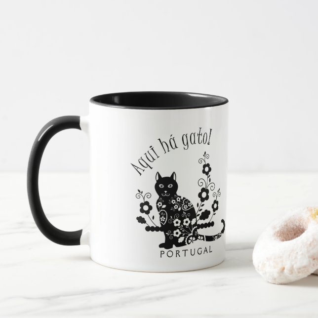 Black cat with flowers and Portuguese expression Mug (With Donut)