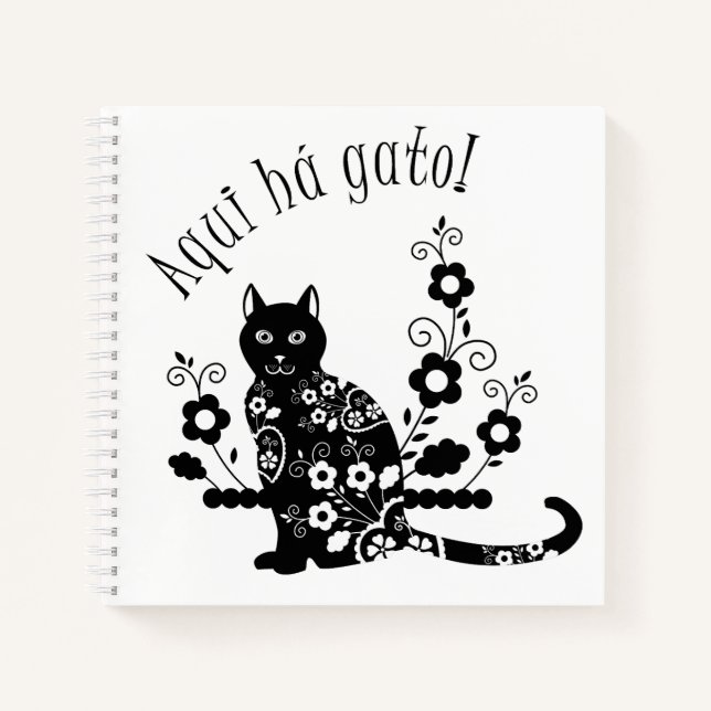 Black cat with flowers and Portuguese expression Notebook (Front)
