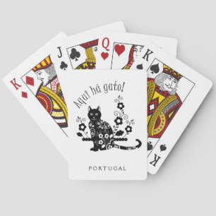 Black cat with flowers and Portuguese expression Playing Cards