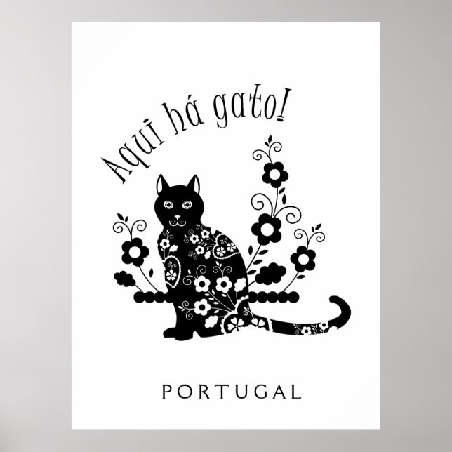 Black cat with flowers and Portuguese expression Poster (Front)