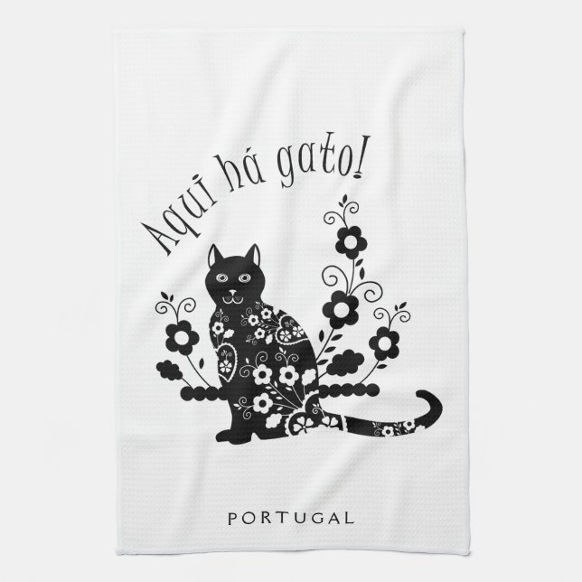 Black cat with flowers and Portuguese expression Tea Towel (Vertical)