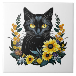 black cat with flowers ceramic tile