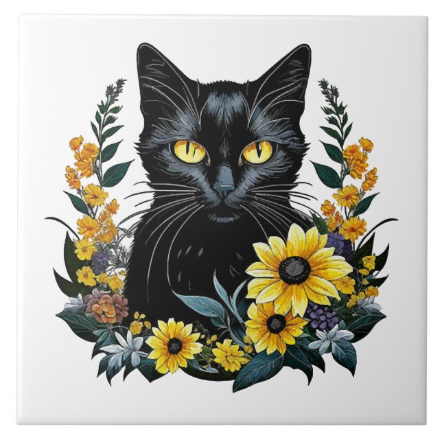 black cat with flowers ceramic tile (Front)