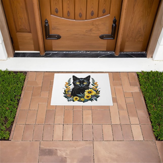 black cat with flowers doormat (Outdoor)