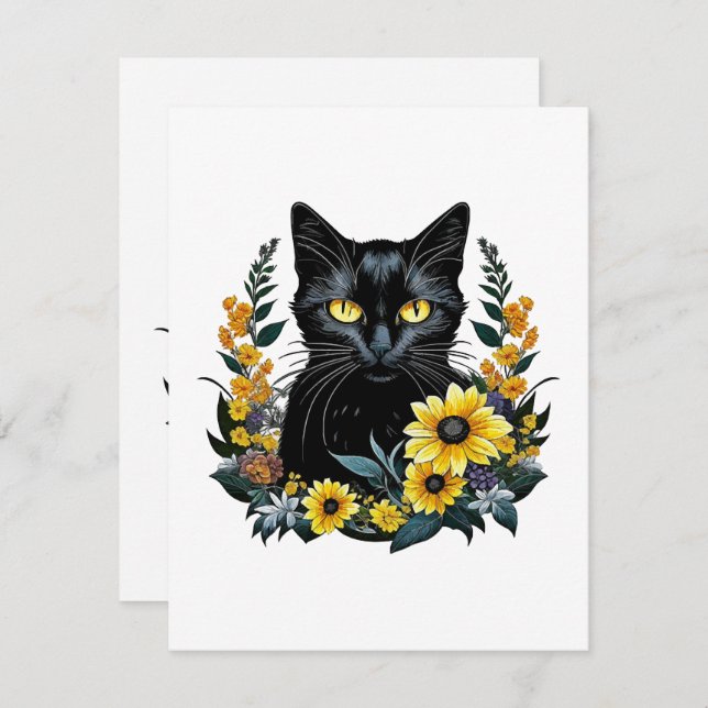 black cat with flowers enclosure card (Front/Back)