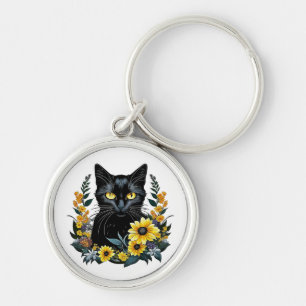 black cat with flowers key ring
