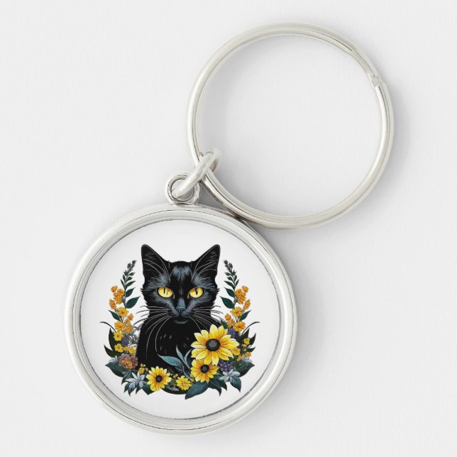 black cat with flowers key ring (Front)
