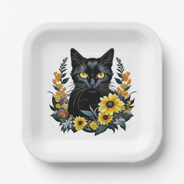 black cat with flowers paper plate (Front)